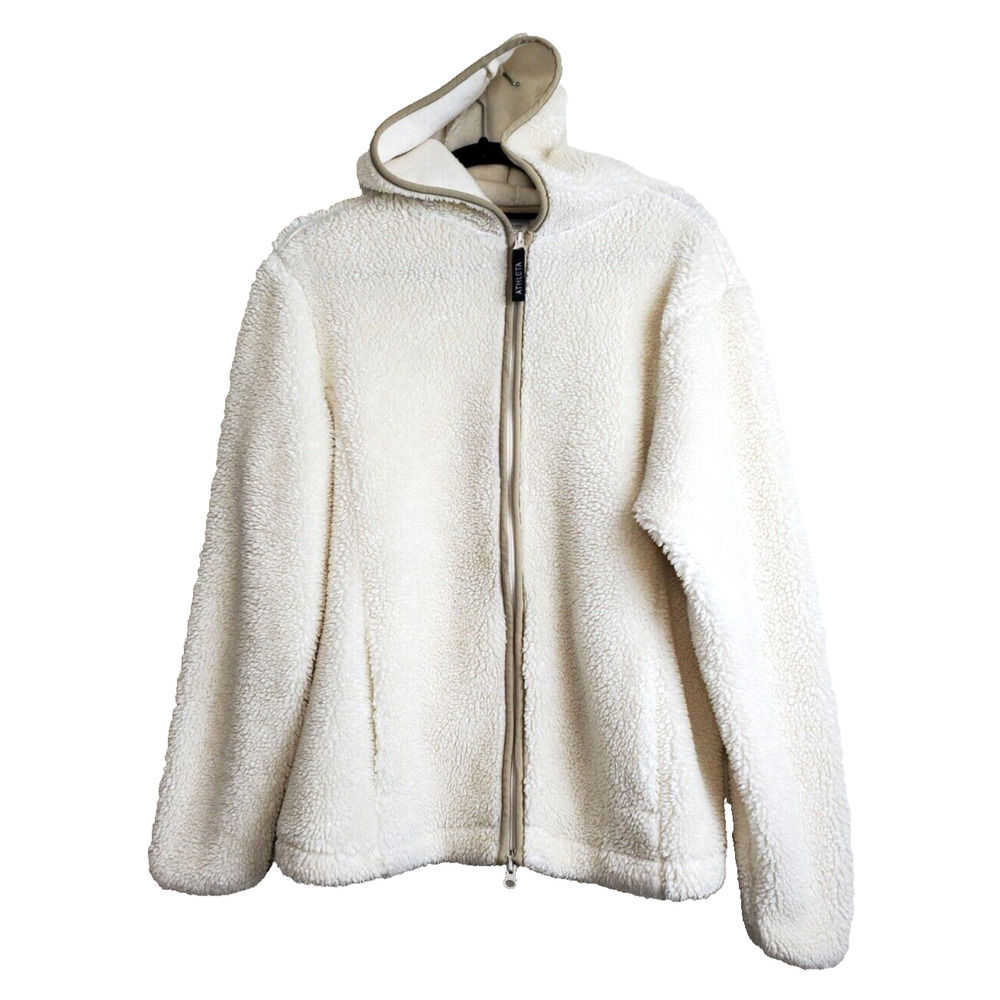 ATHLETA Womens 1X Jacket TEDDY COAT Hood Full Zip Cream Fleece Comfy Pockets
